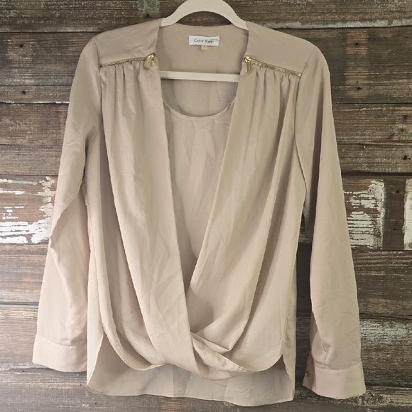 Calvin Klein Women's Tan Drape Blouse With Zipper Detail, Size S - Picture 1 of 4